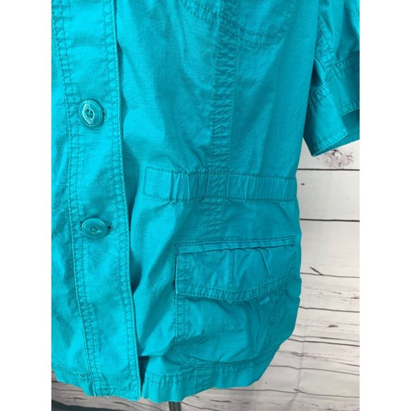 CHICO'S Light Jacket 3 L/XL Turquoise short sleeve Button Up Camp shirt Cover Up - Picture 6 of 10